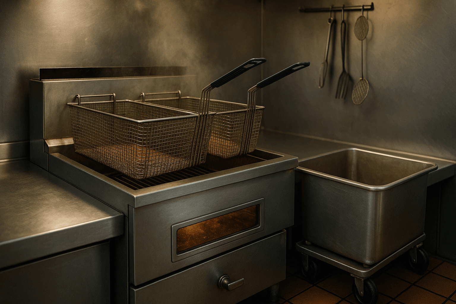 Commercial deep fryer with dark used oil and a metal oil caddy in a restaurant kitchen
