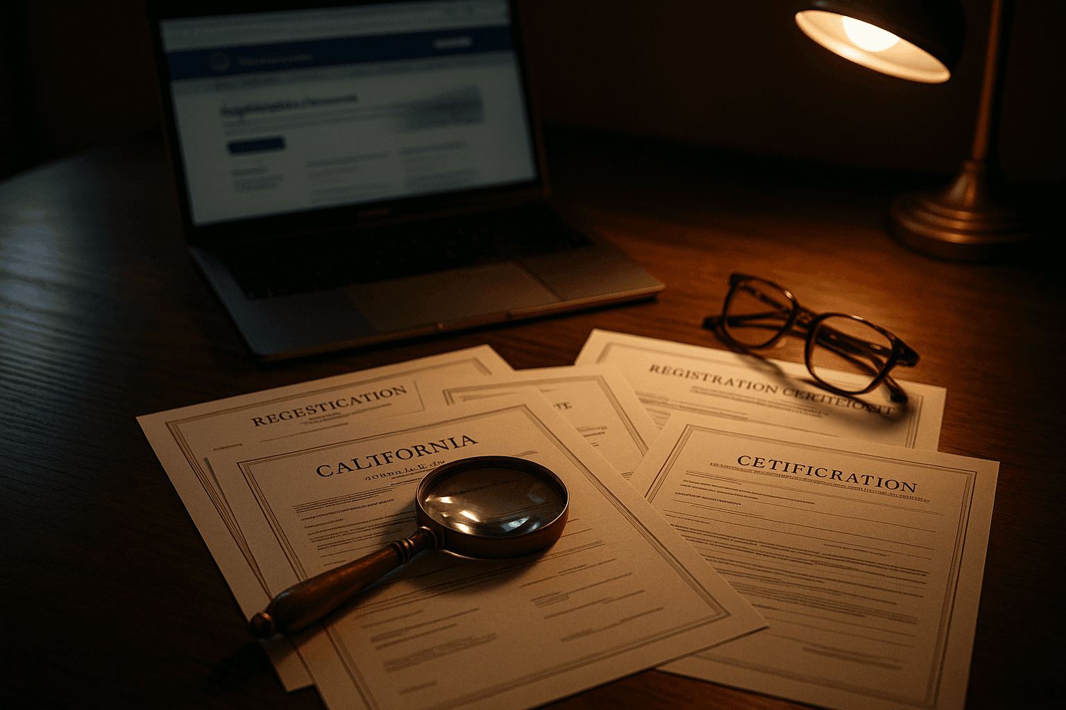 California licensing documents on a desk with magnifying glass and laptop
