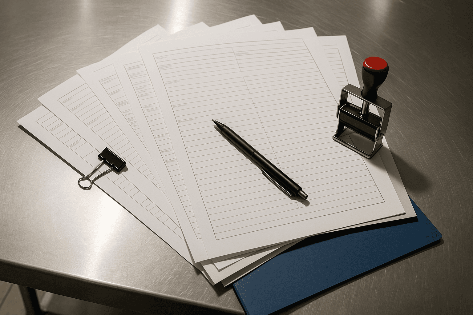 Compliance paperwork and manifests on a stainless steel kitchen prep table