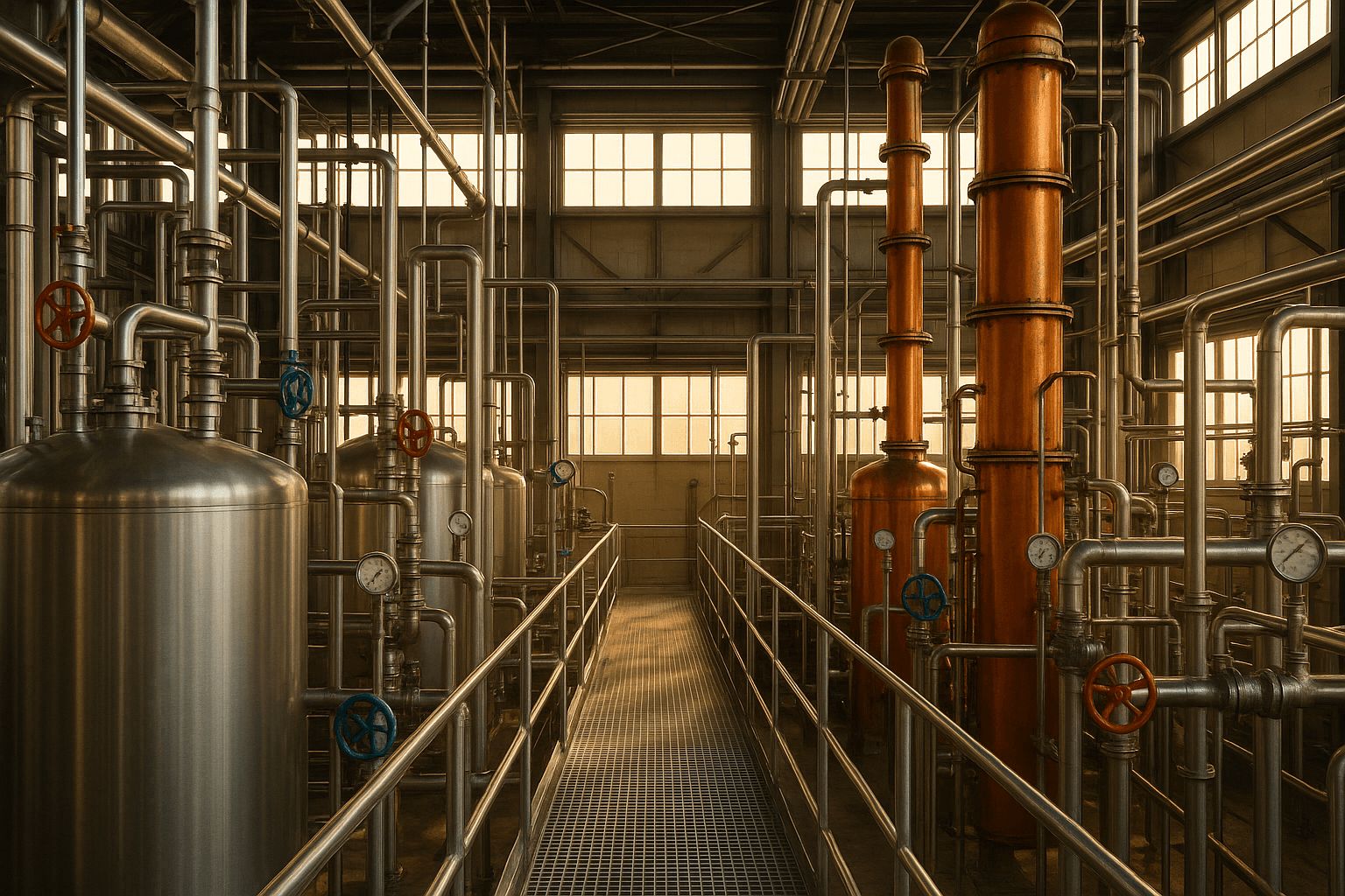 Biodiesel processing facility with reaction vessels and distillation columns
