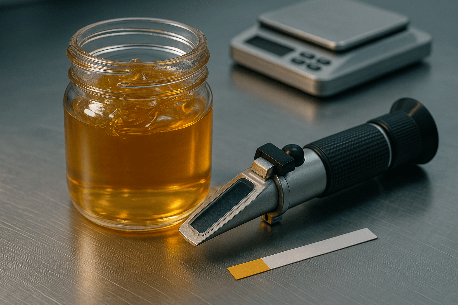 Sample jar of golden yellow grease on a laboratory bench with testing equipment