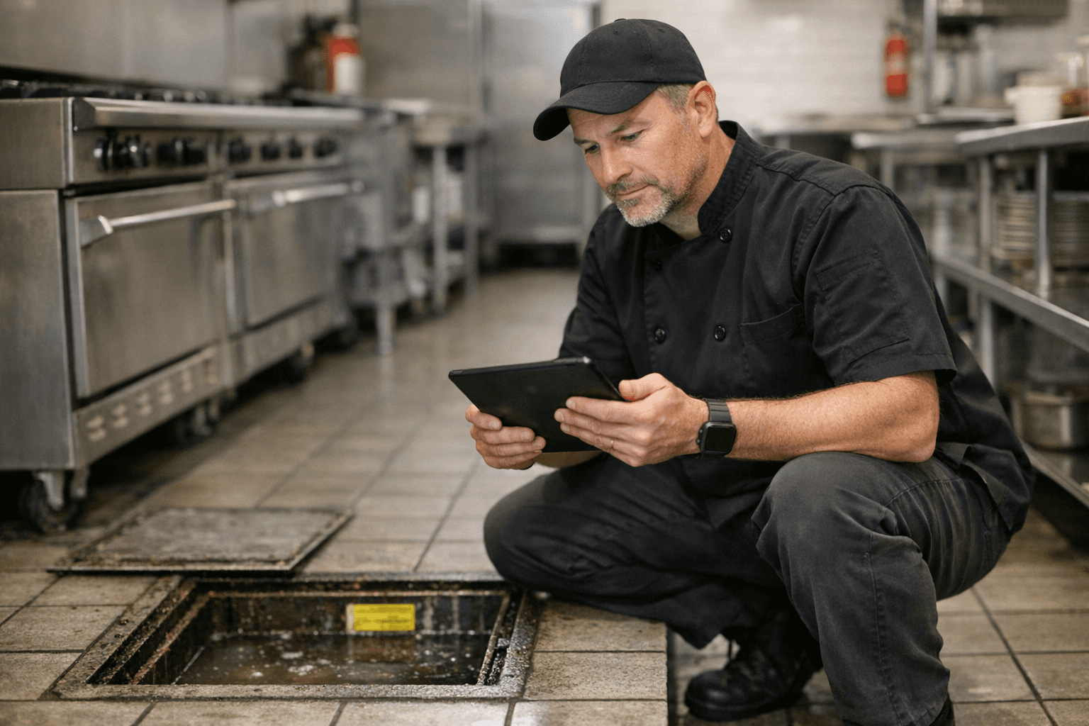 Digital compliance dashboard showing grease pickup records for a multi-outlet casino kitchen