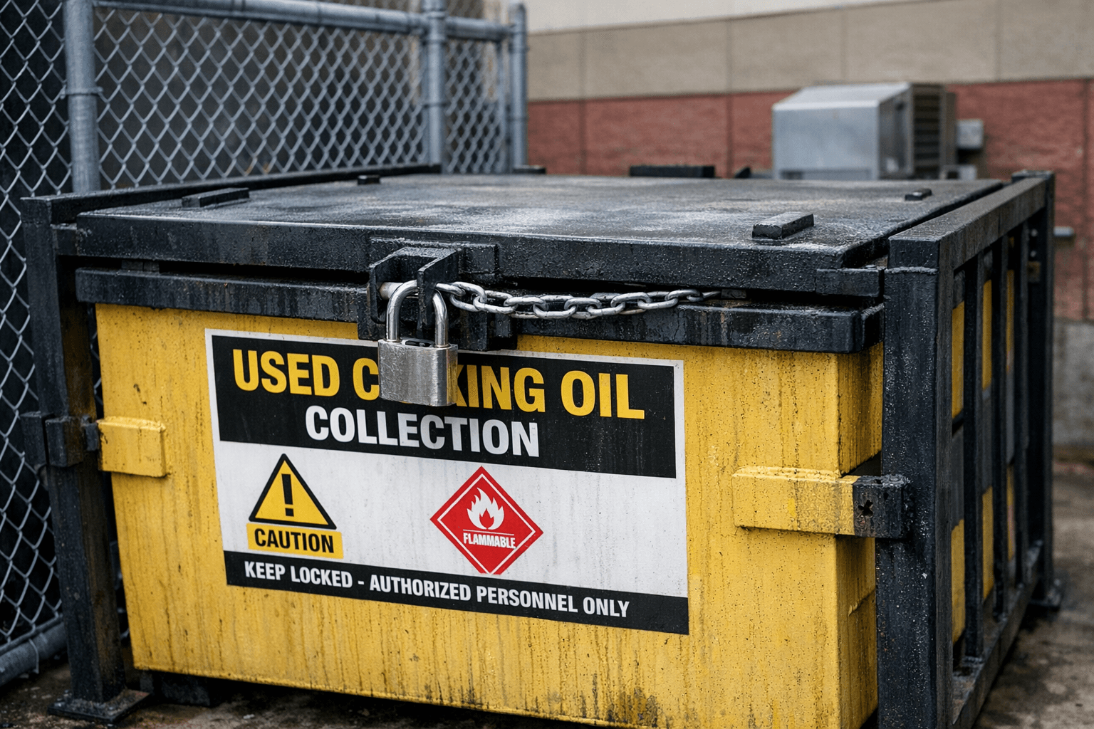 Locked anti-theft grease collection container installed at a fast food restaurant
