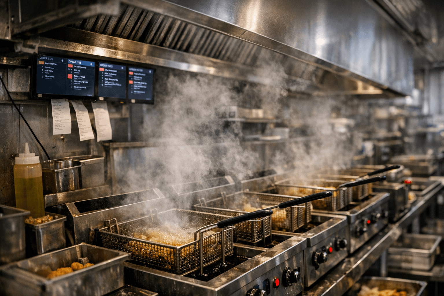 High-density fryer station inside a cloud kitchen producing used cooking oil