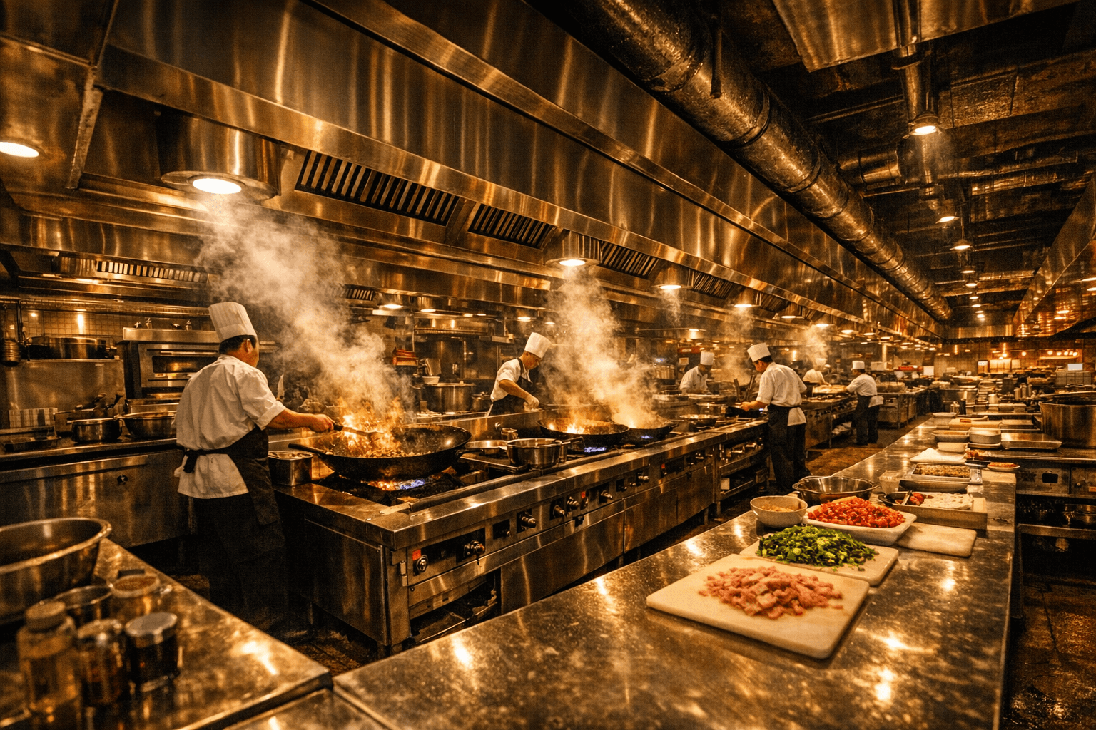 Large casino buffet kitchen with multiple cooking stations and professional equipment