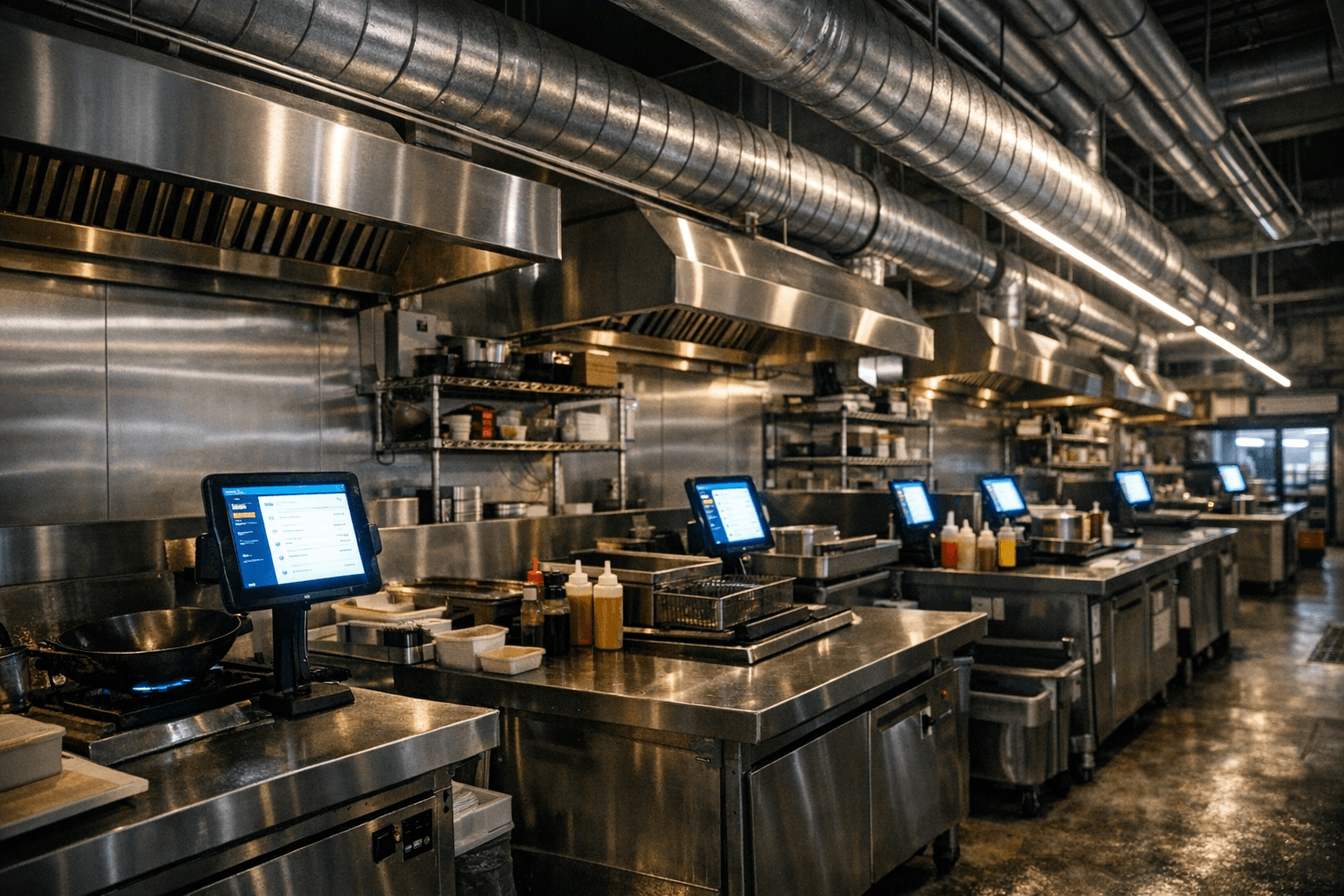 Cloud kitchen facility with multiple cooking stations, industrial ventilation, and delivery order screens