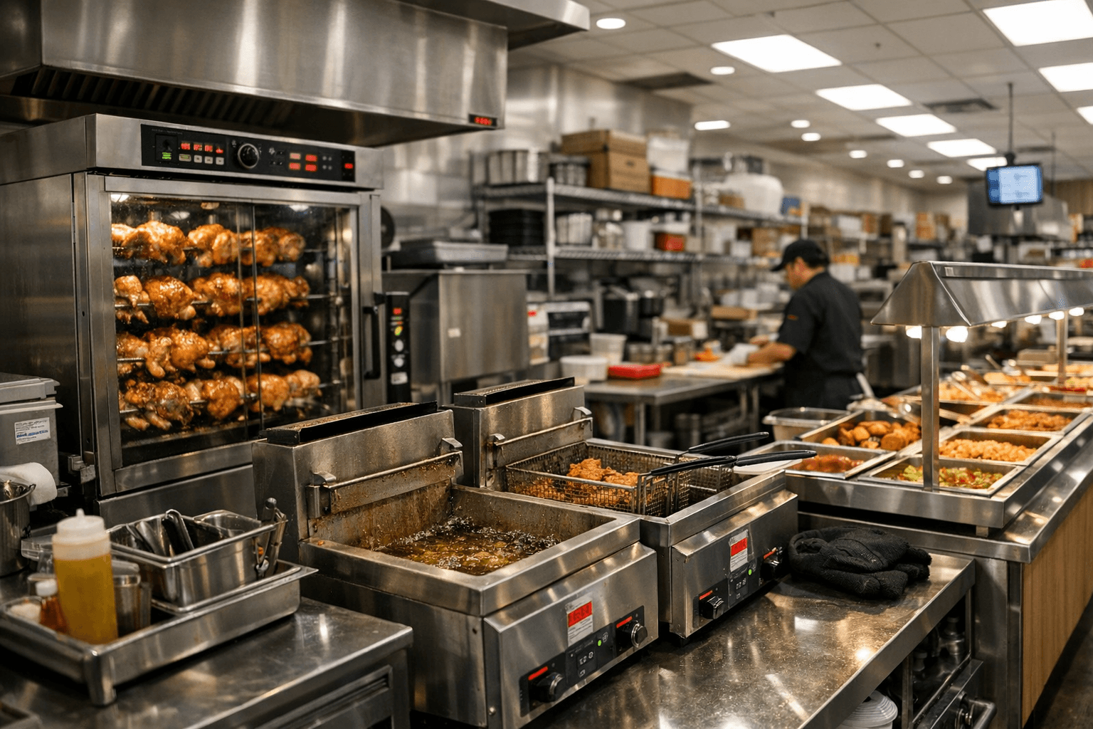 Grocery store deli department with hot food bar, rotisserie ovens, and commercial fryers