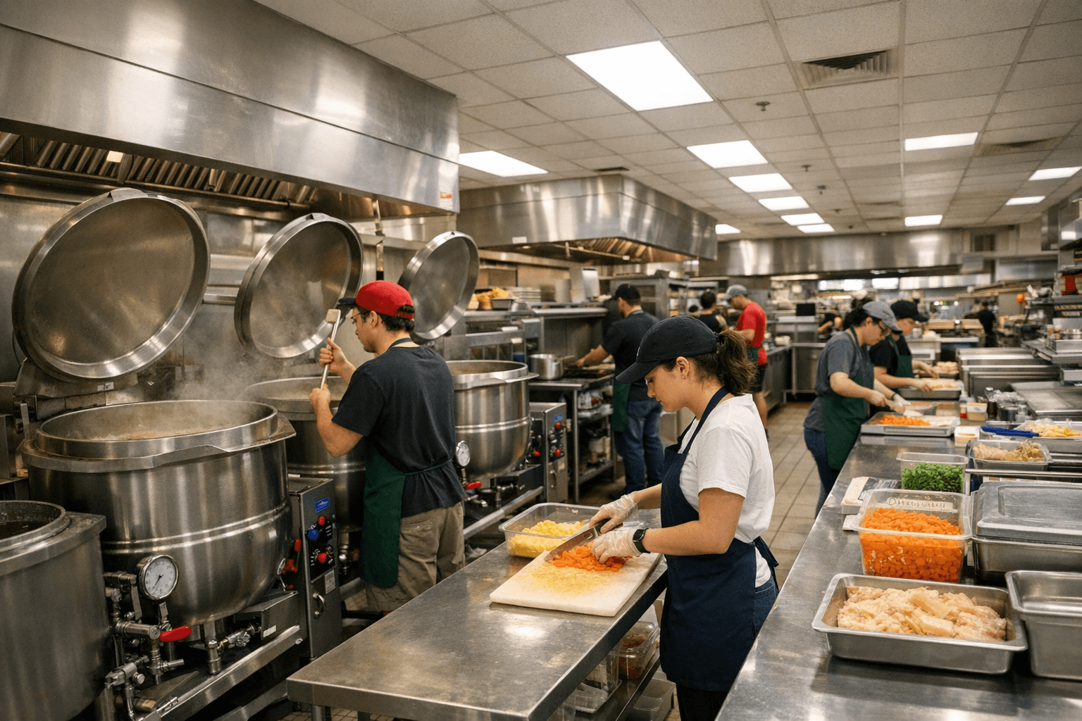 University dining hall kitchen with industrial cooking equipment and cafeteria serving stations