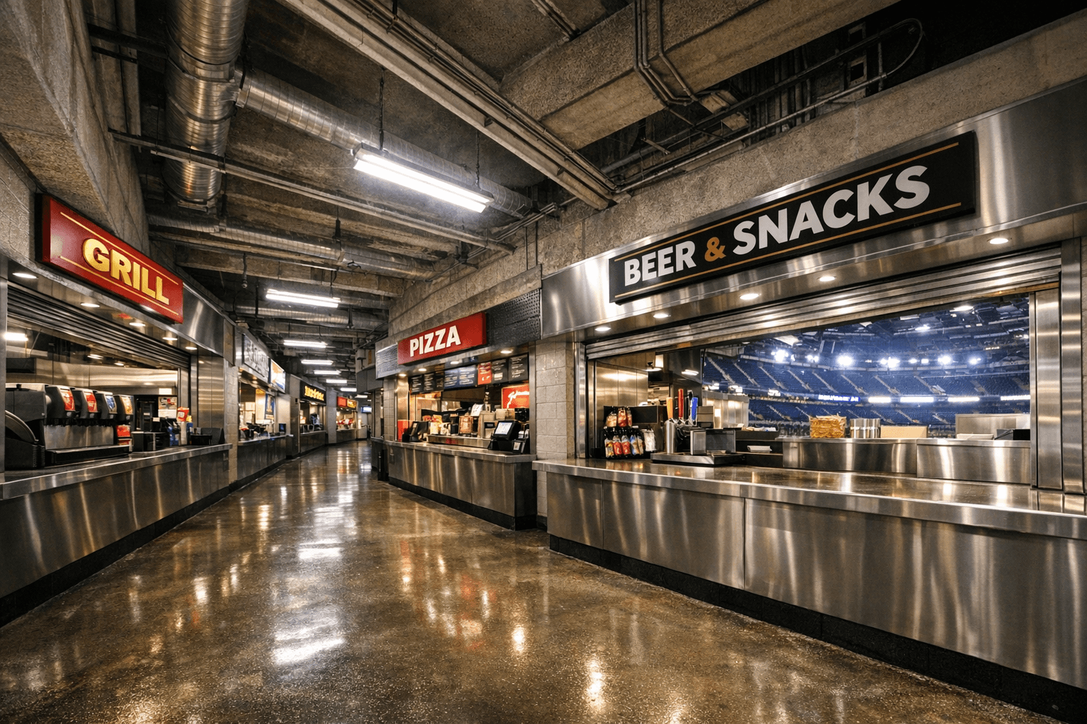 Stadium concession kitchen service corridor with multiple food preparation stations