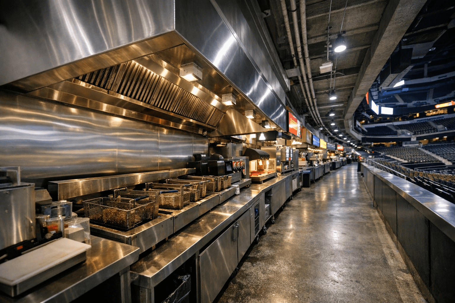 Concession stand row inside a Southern California stadium during event-day operations
