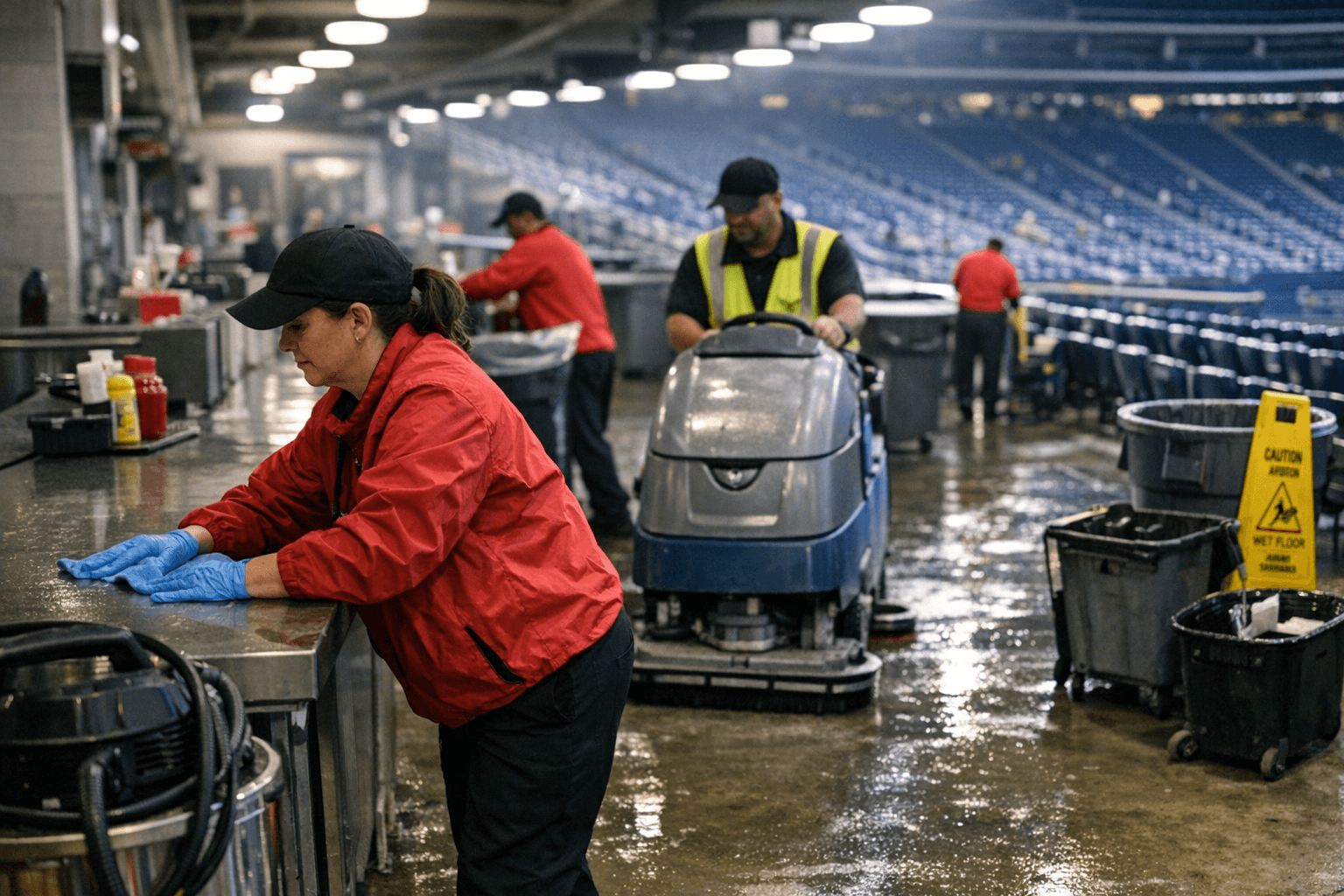 Post-event grease collection crew working in a stadium loading dock at night