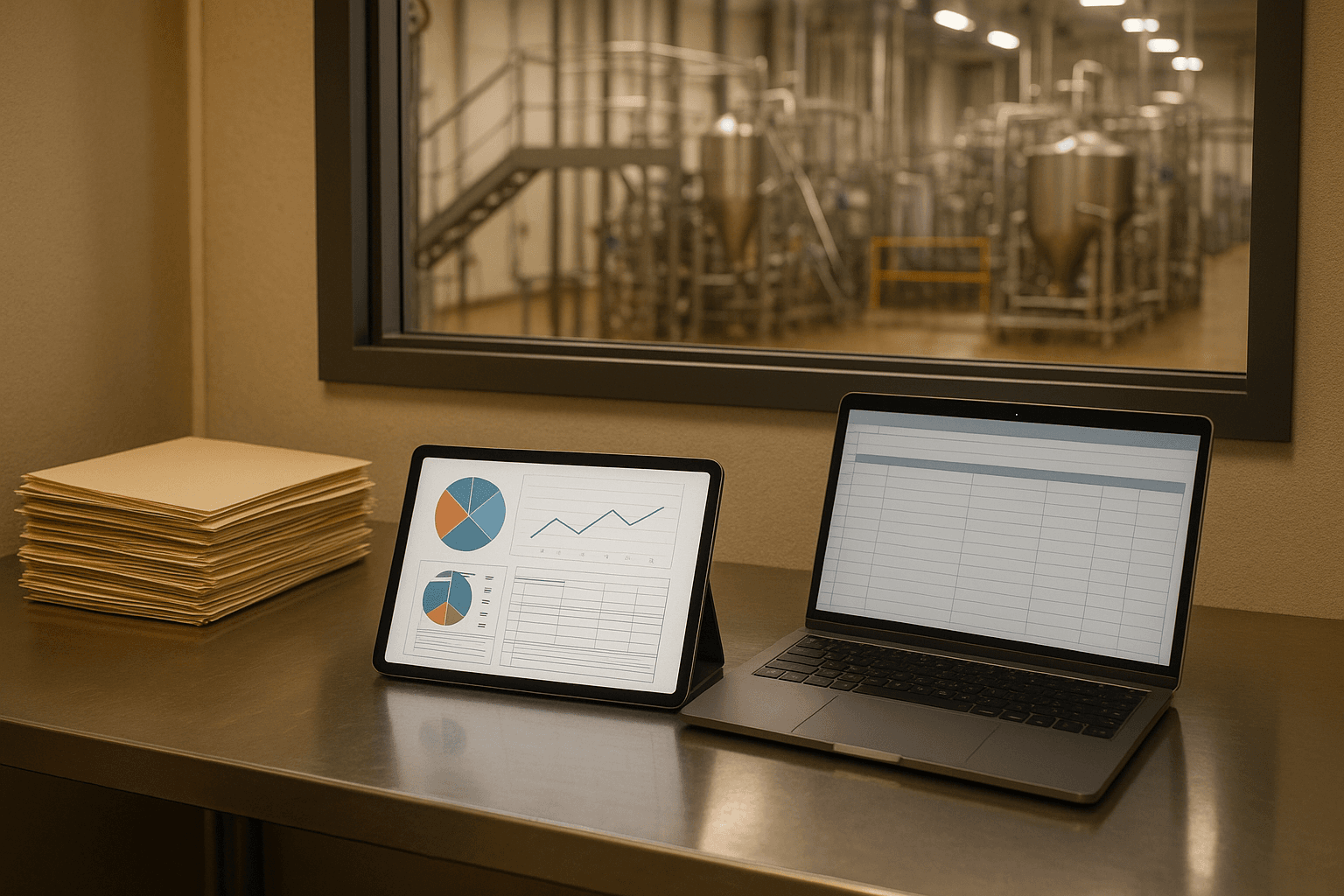 Digital compliance dashboard on a tablet and laptop in a food processing facility office