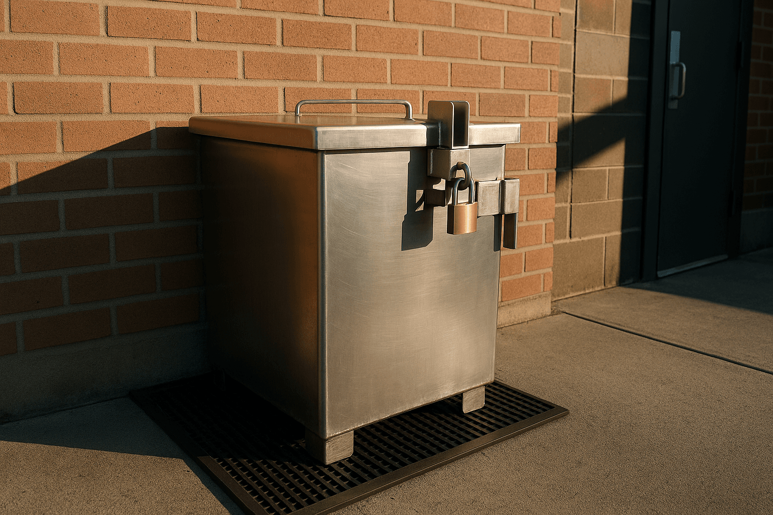 Locked anti-theft UCO collection container mounted at a restaurant