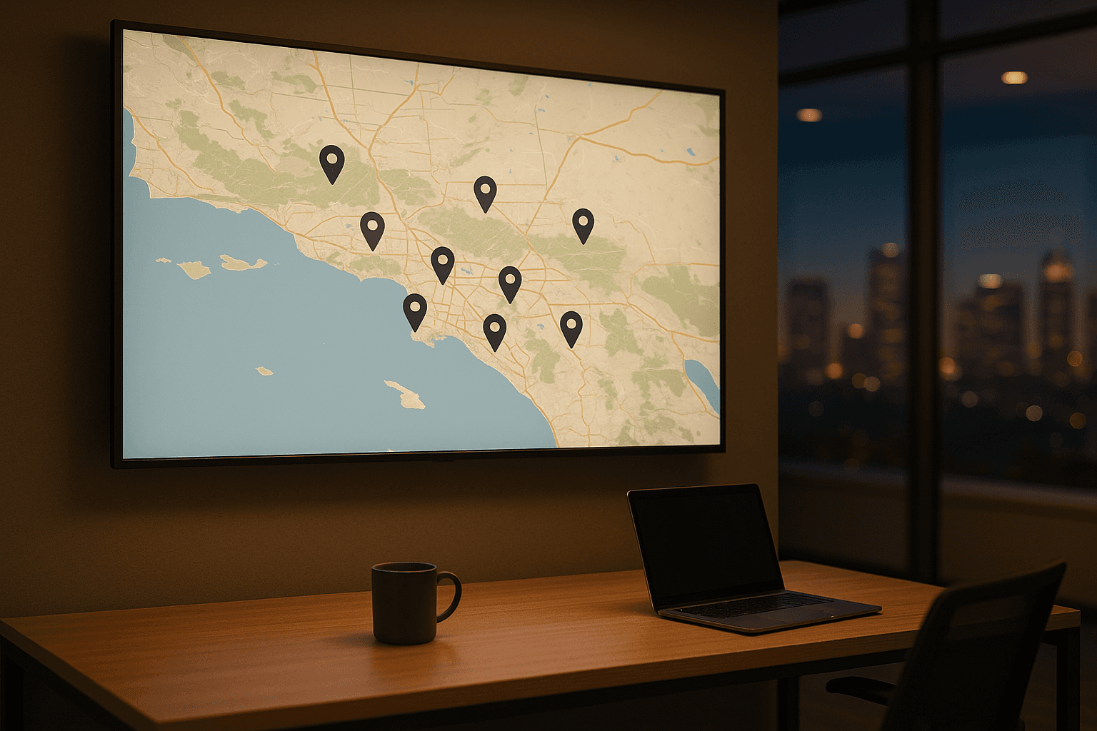 Corporate operations center showing multi-facility tracking dashboard for Southern California locations
