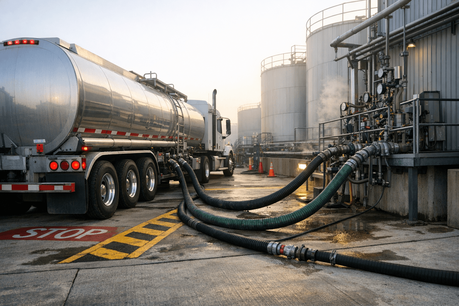 Tanker truck delivering aggregated used cooking oil feedstock to a biodiesel production facility