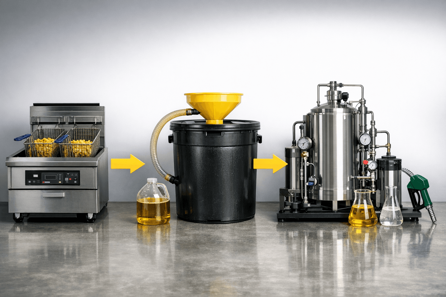 Diagram showing the lifecycle of used cooking oil from restaurant fryer through collection to biodiesel production