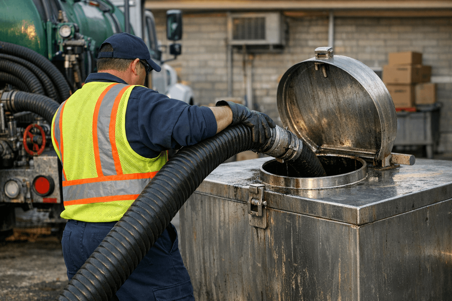 Uniformed driver pumping used cooking oil from a restaurant grease container