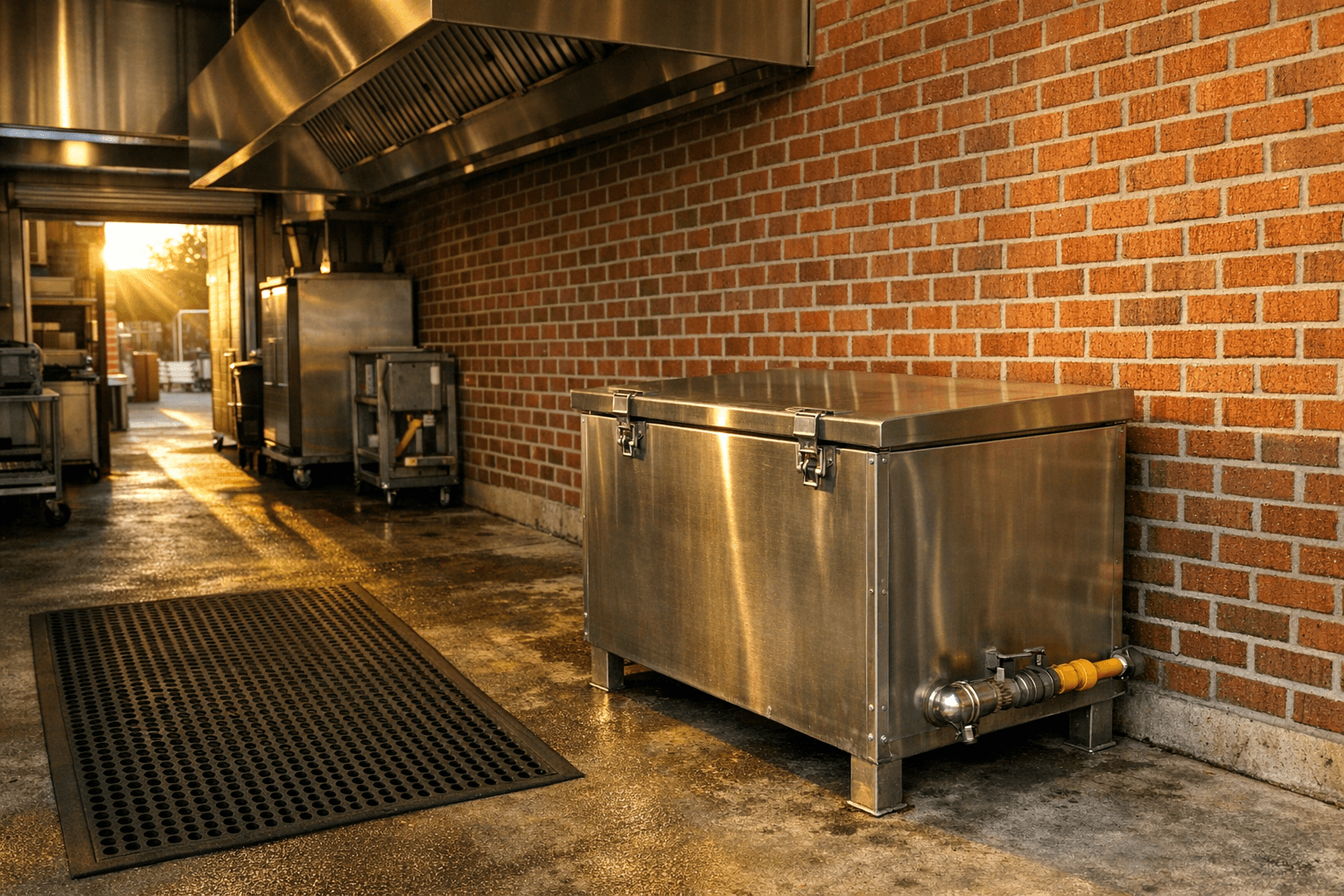 Clean commercial restaurant kitchen back-of-house area with sealed stainless steel grease collection container and organized equipment