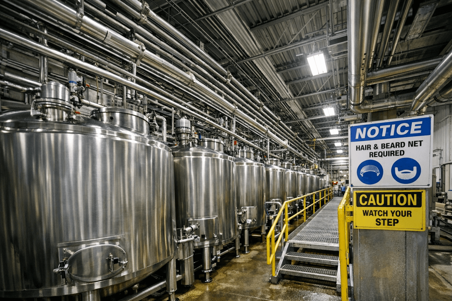 Industrial cooking oil holding tank with sight gauge at a food manufacturing facility