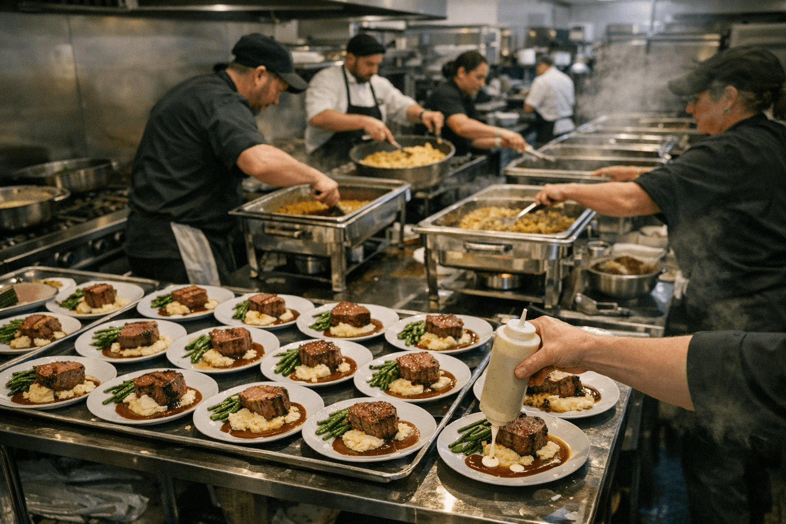 Catering kitchen with banquet trays being assembled and commercial cooking equipment