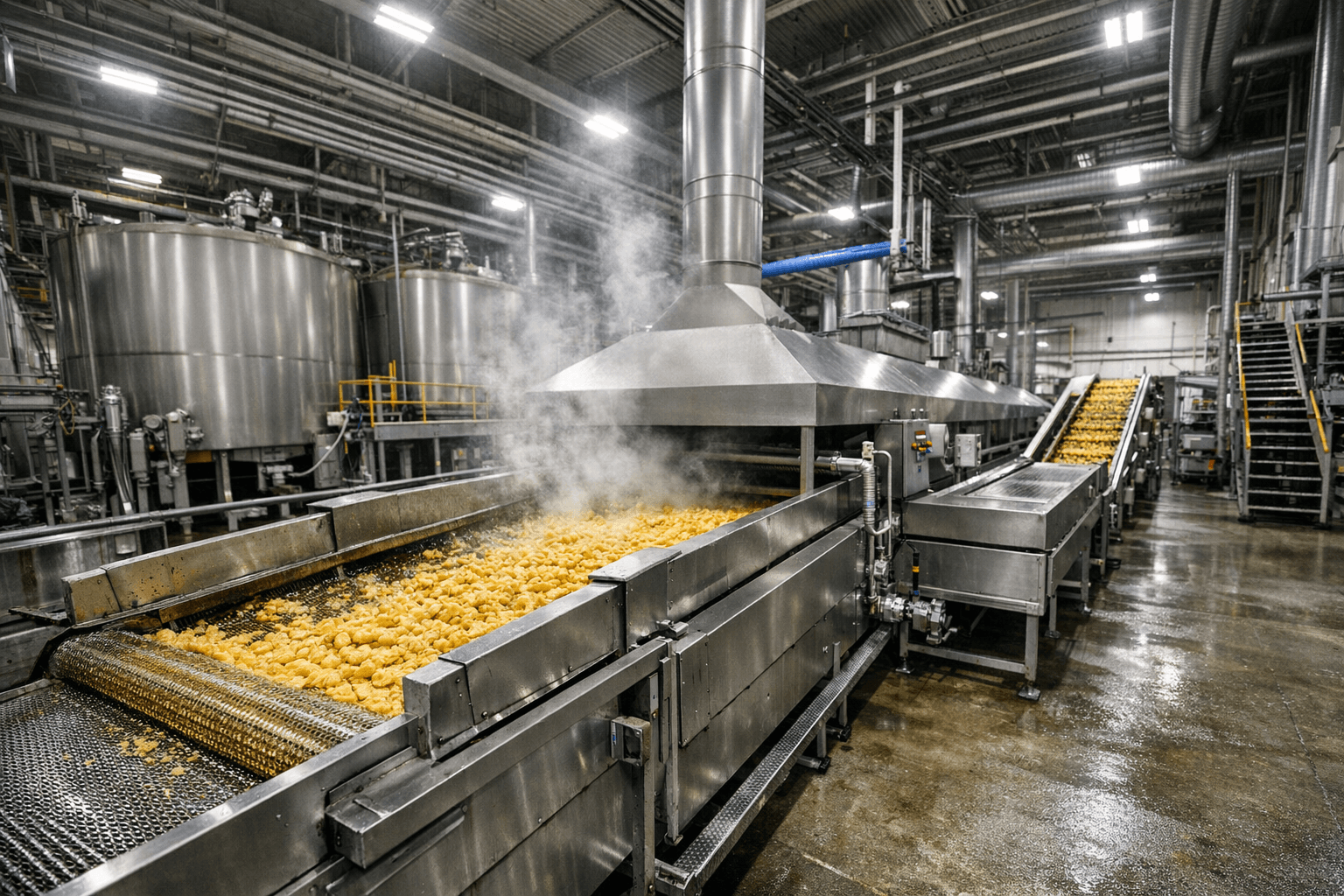 Food processing plant with industrial fryer lines and stainless steel holding tanks