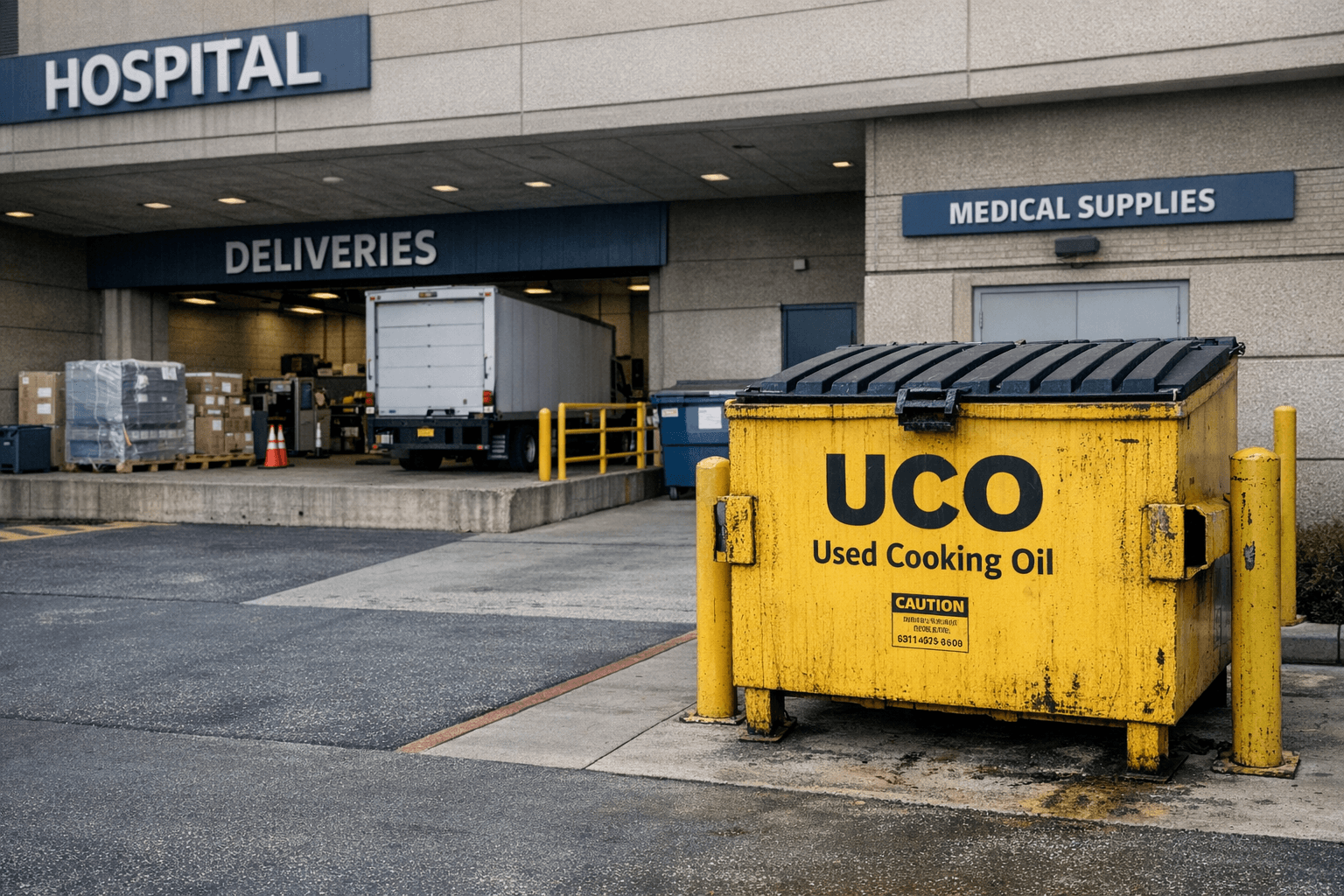 Grease pickup driver coordinating with hospital loading dock operations in Southern California