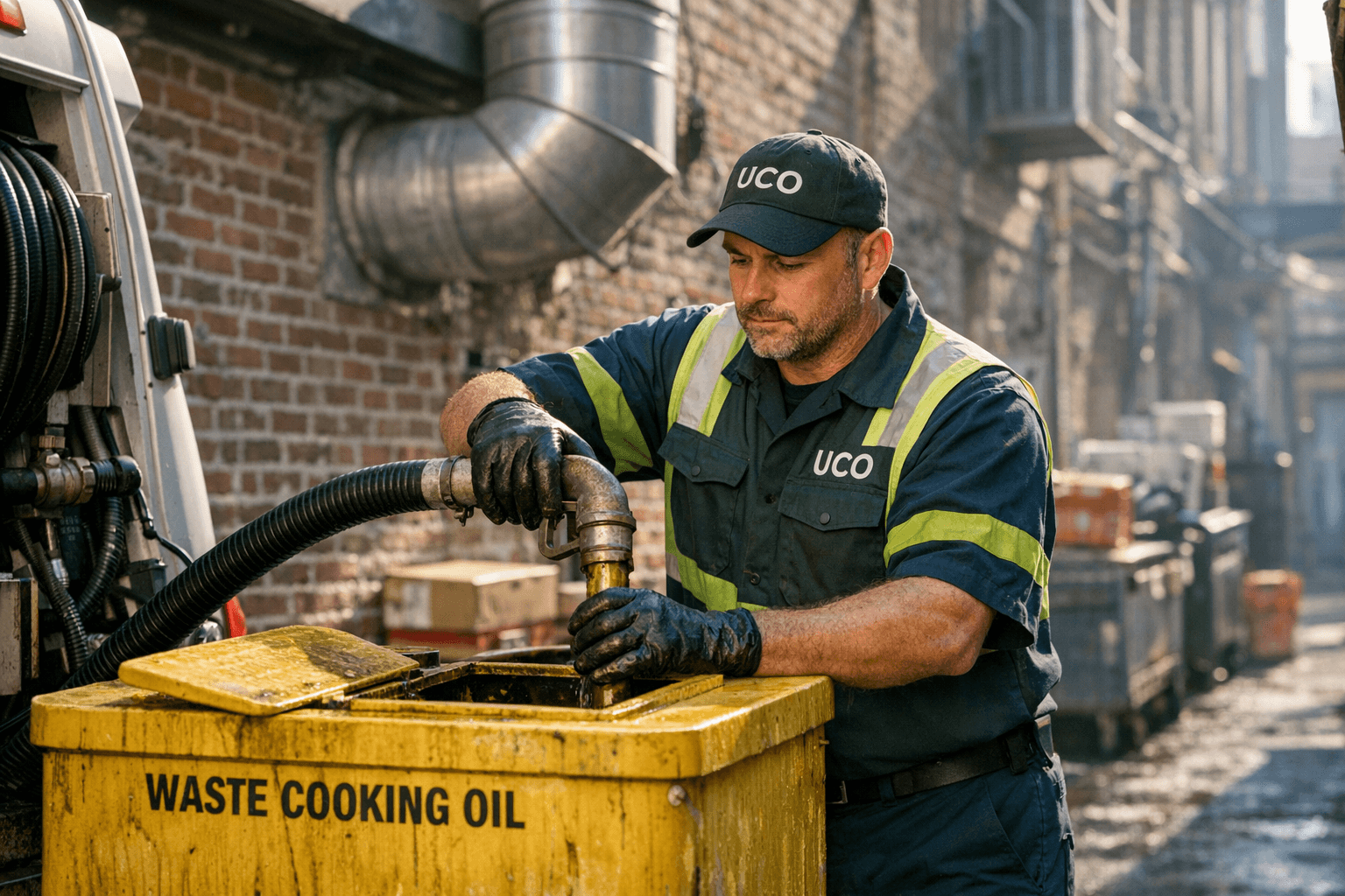Scheduled grease pickup driver servicing an independent restaurant cooking oil container in Southern California